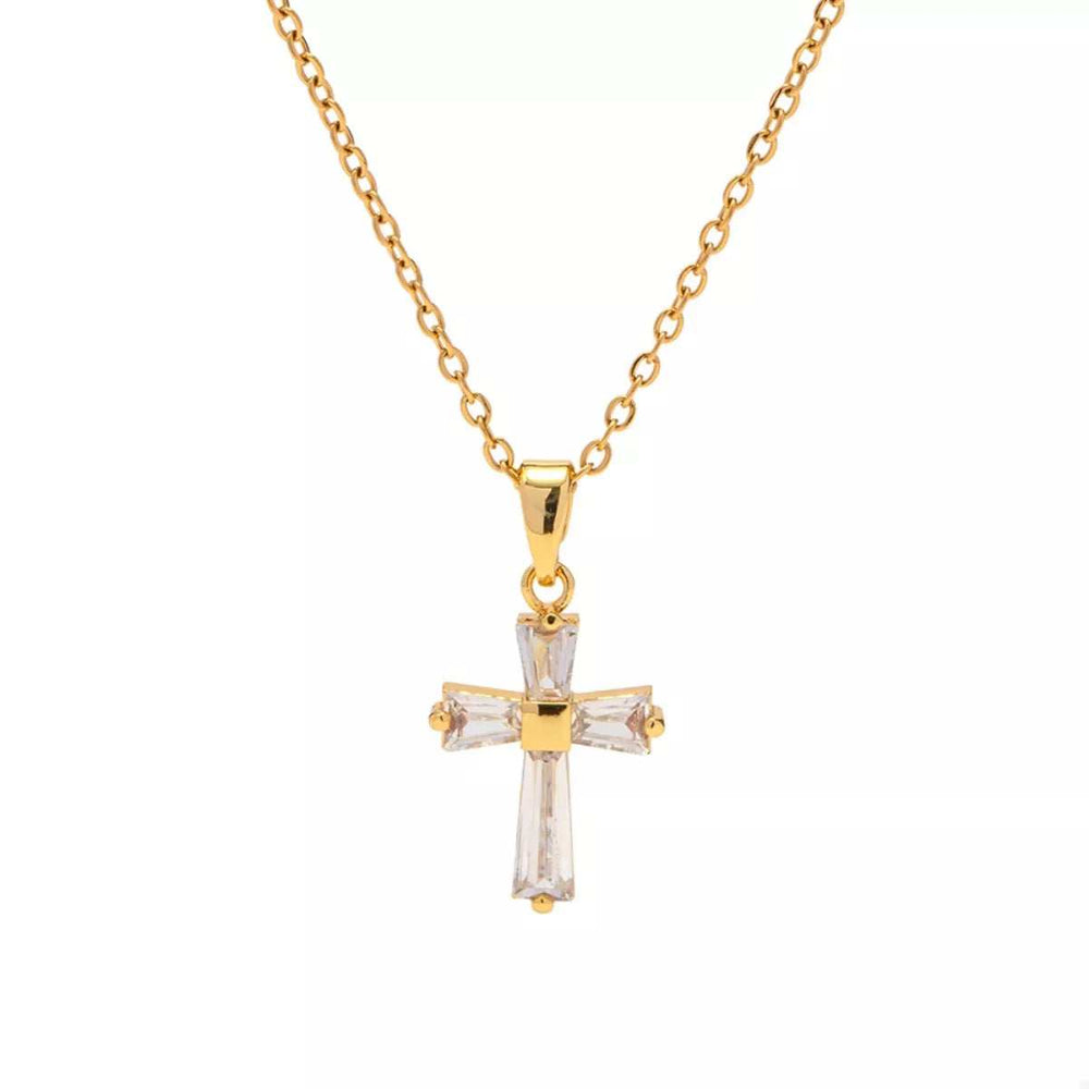 18K Gold-Plated Stainless Steel Zircon Cross Necklace - Trendsi - Flyclothing LLC