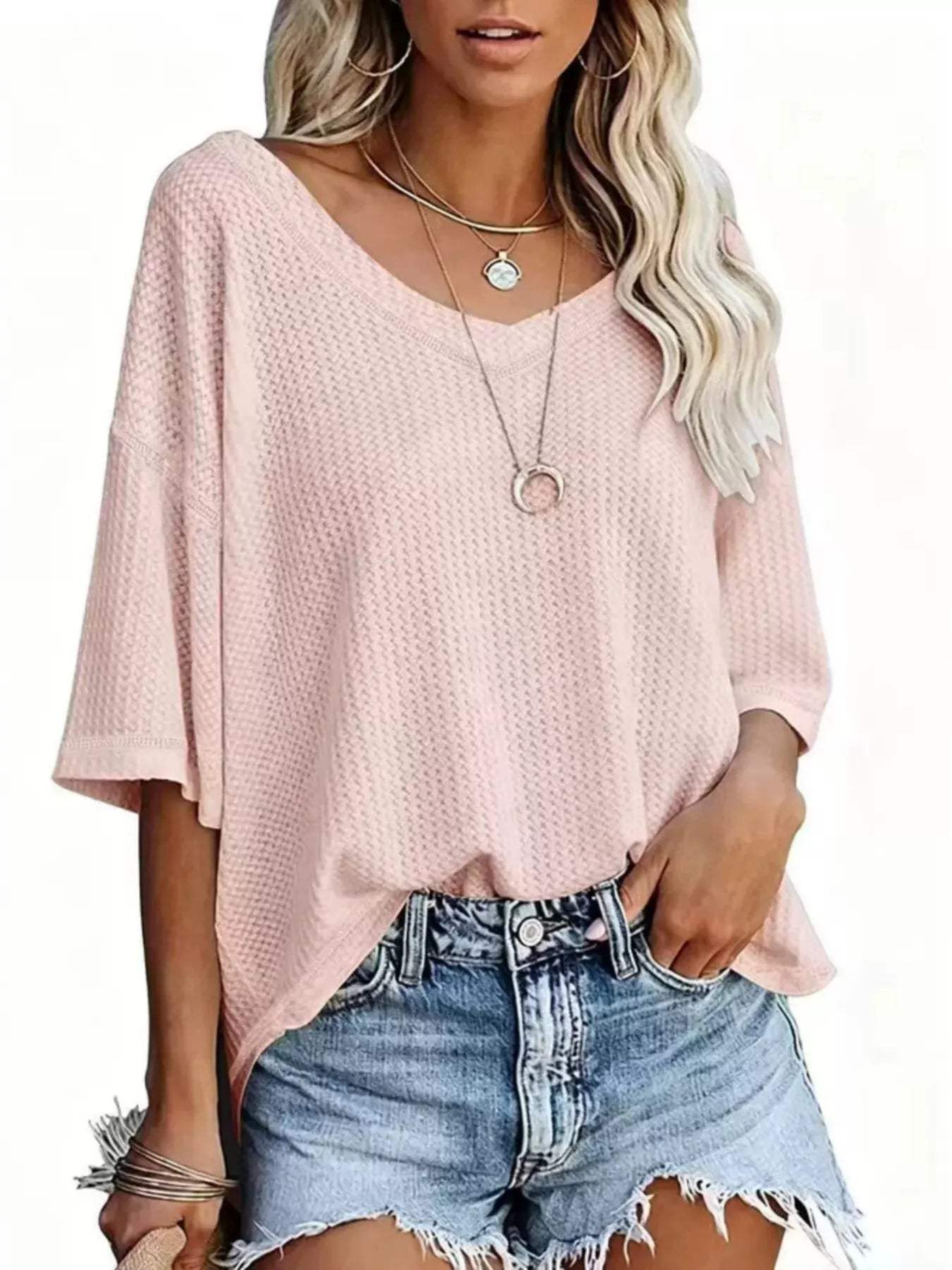 Waffle Knit V-Neck Short Sleeve T-Shirt - Trendsi - Flyclothing LLC