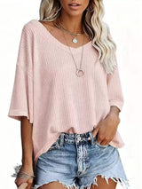 Waffle Knit V-Neck Short Sleeve T-Shirt - Trendsi - Flyclothing LLC