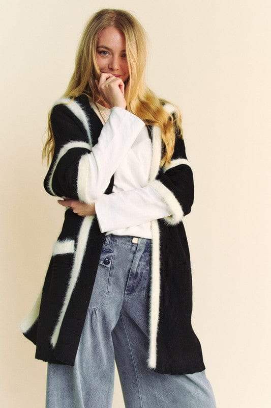 Davi & Dani Fuzzy Trim Open Front Loose Fit Cardigan - Trendsi - Flyclothing LLC