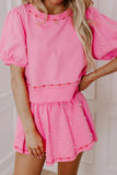 Contrast Bow Trim Pearl Puff Sleeve Blouse and Skort 2pcs Set - Trendsi