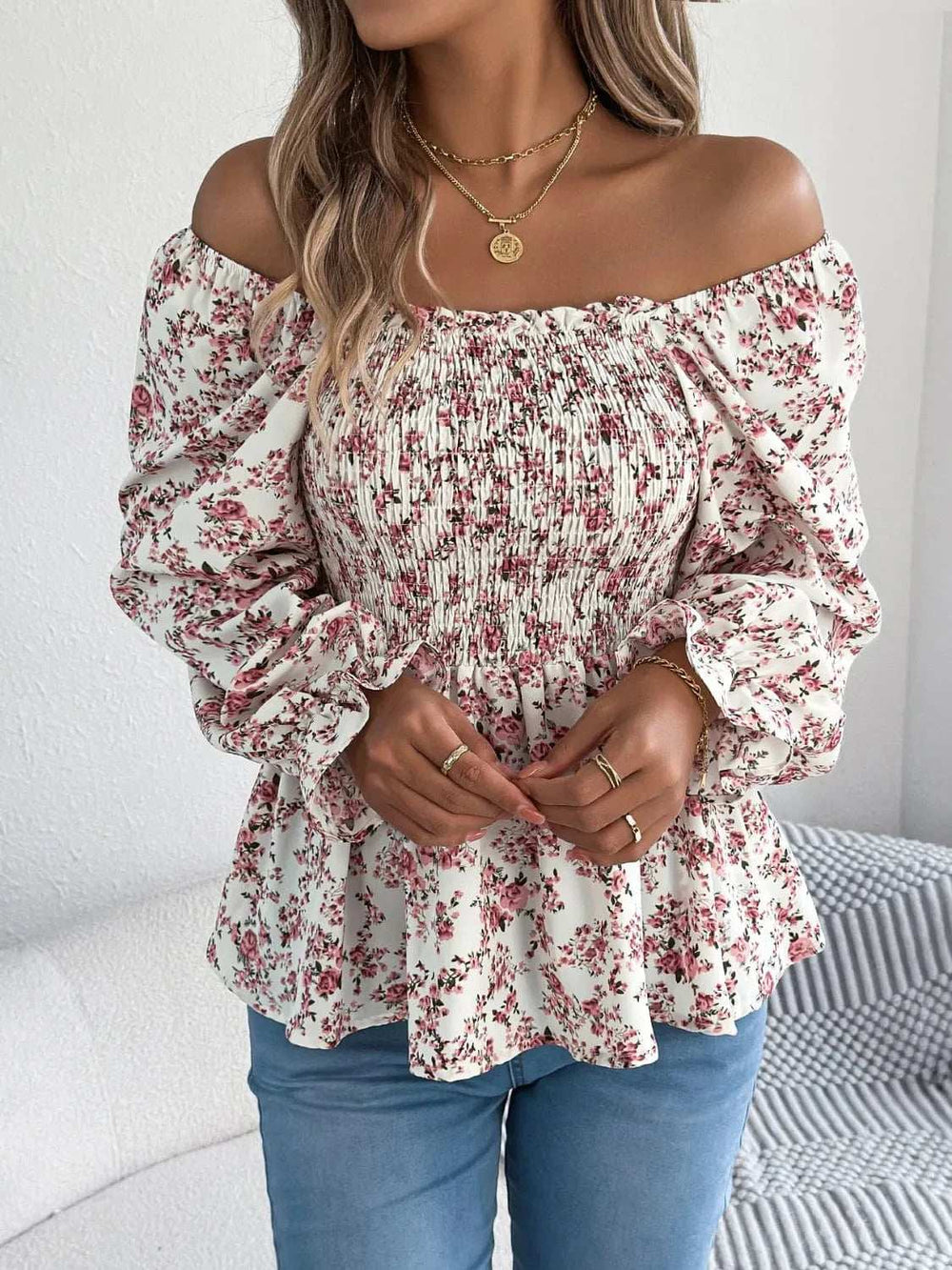 Floral Square Neck Flounce Sleeve Blouse - Trendsi - Flyclothing LLC