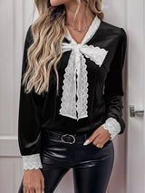 Lace Bow Tie Velvet Blouse - Trendsi - Flyclothing LLC