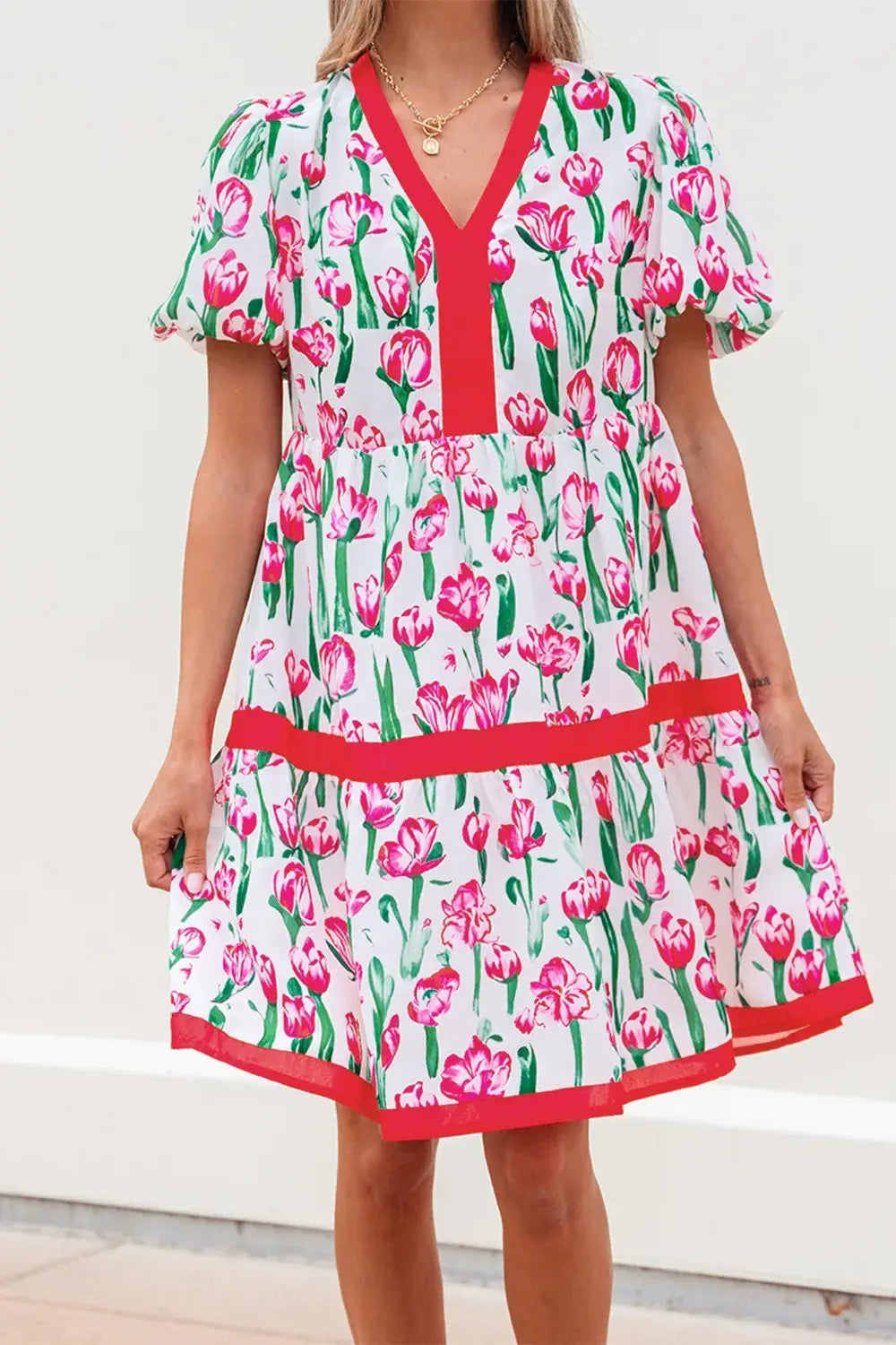 Floral Print Contrast Trim V Neck Bubble Short Sleeve Babydoll Dress - Trendsi - Flyclothing LLC