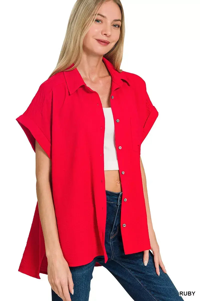 Zenana Woven Airflow Button Down Shirt - Trendsi - Flyclothing LLC