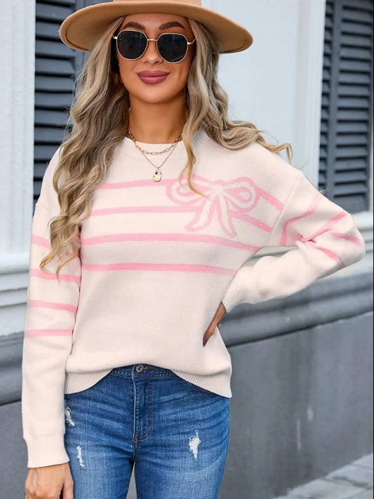 Striped Round Neck Long Sleeve Sweater - Trendsi - Flyclothing LLC