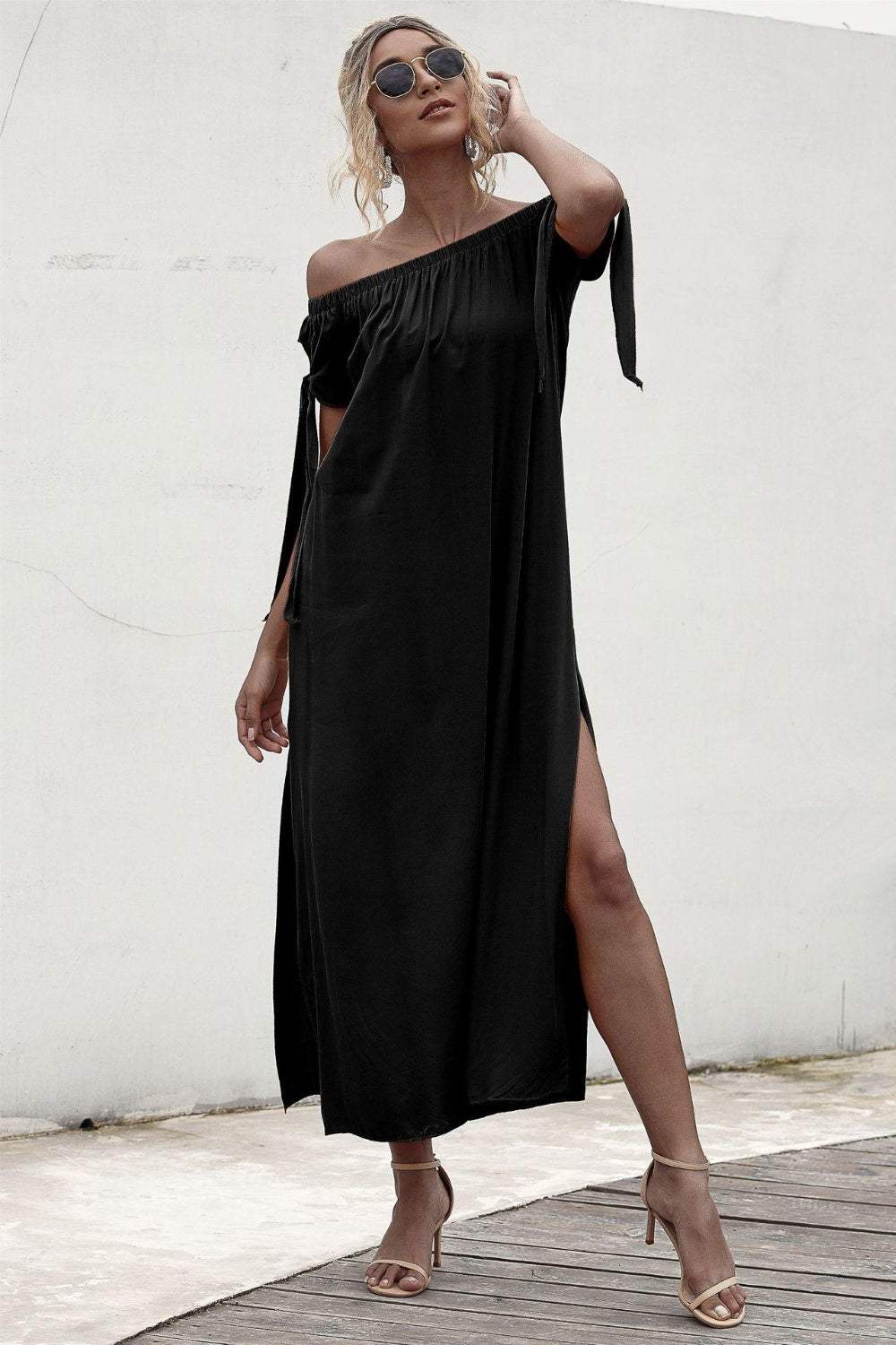 Slit Off Shoulder Short Sleeve Midi Dress - Trendsi - Flyclothing LLC