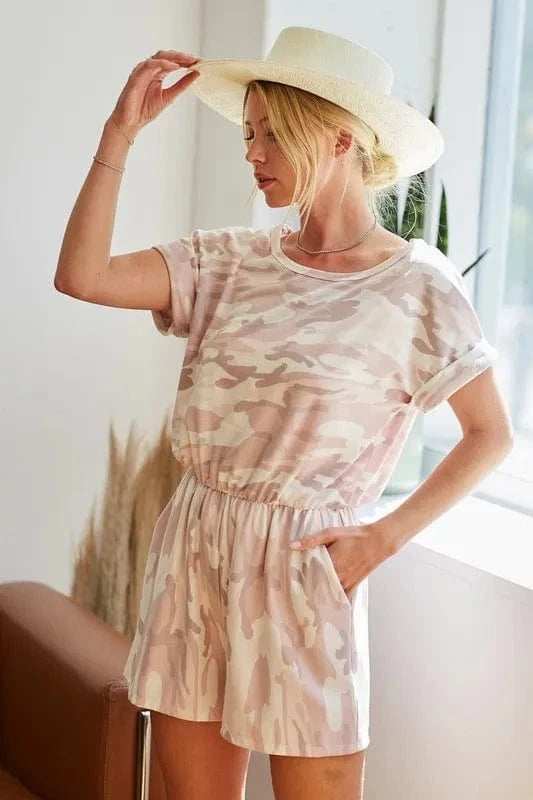 BiBi Camo Print French Terry Romper with Side Pockets - Trendsi - Flyclothing LLC