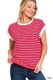 Zenana Full Size Contrast Trim Cap Sleeve Stripe Tee Plus Size - Trendsi - Flyclothing LLC