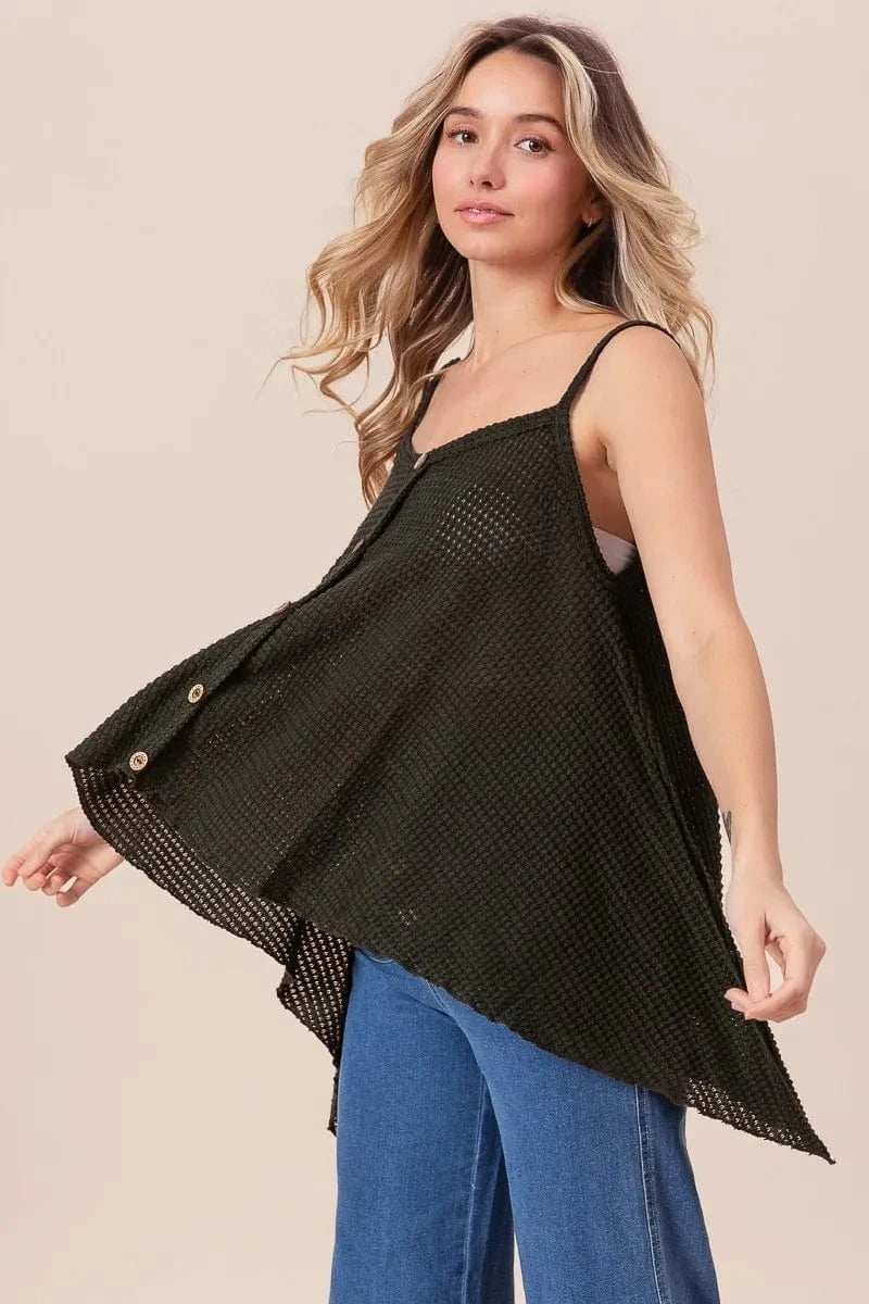 BiBi Popcorn Waffle Knit with Buttoned Front Cami Top - Trendsi - Flyclothing LLC