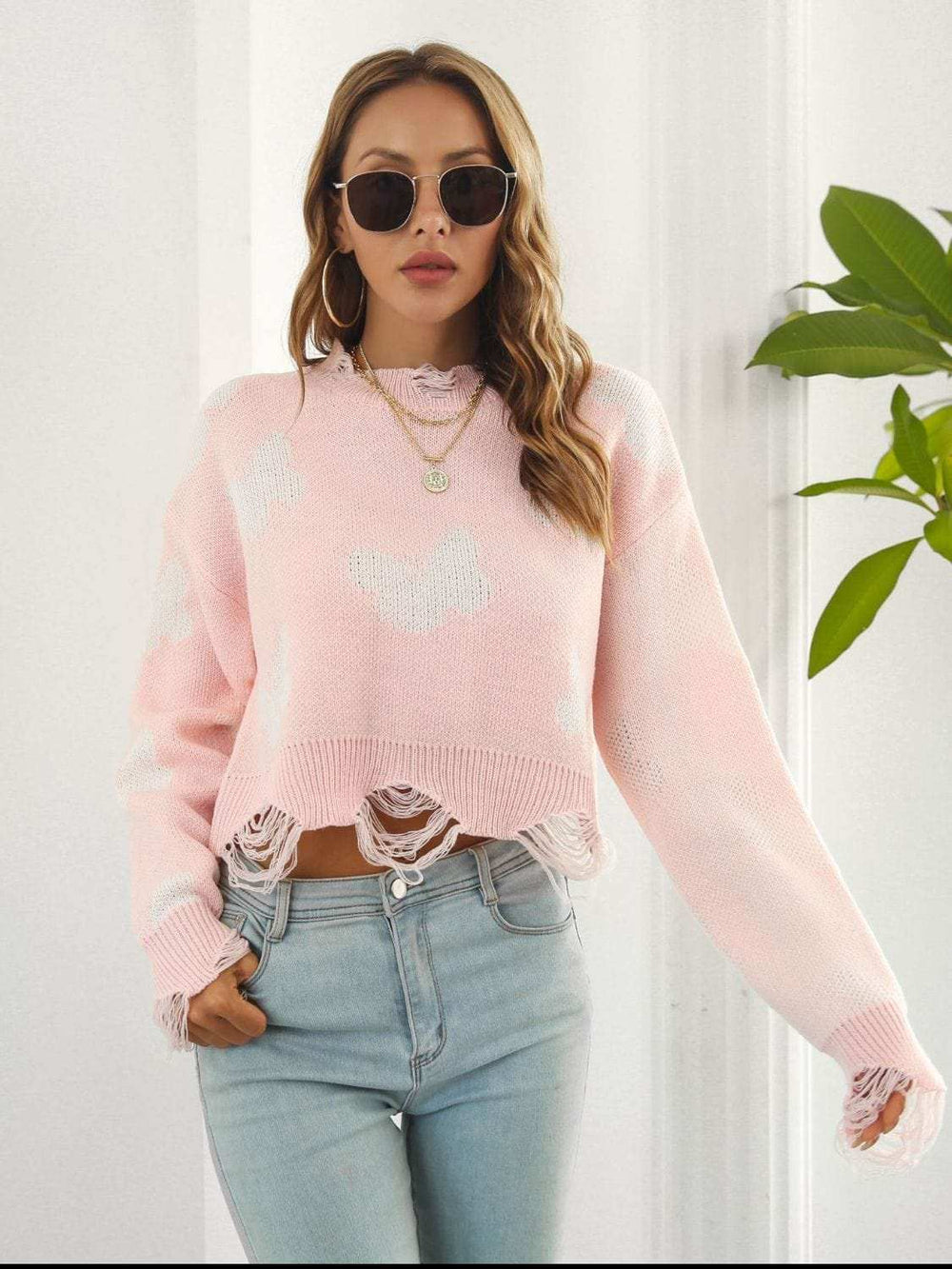 Distressed Butterfly Cropped Sweater - Trendsi - Flyclothing LLC