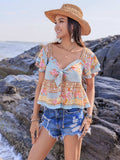 Printed Sweetheart Neck Layered Short Sleeve Blouse - Trendsi - Flyclothing LLC