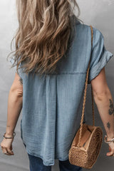 Folded Short Sleeve Patched Pocket Denim Shirt - Trendsi - Flyclothing LLC