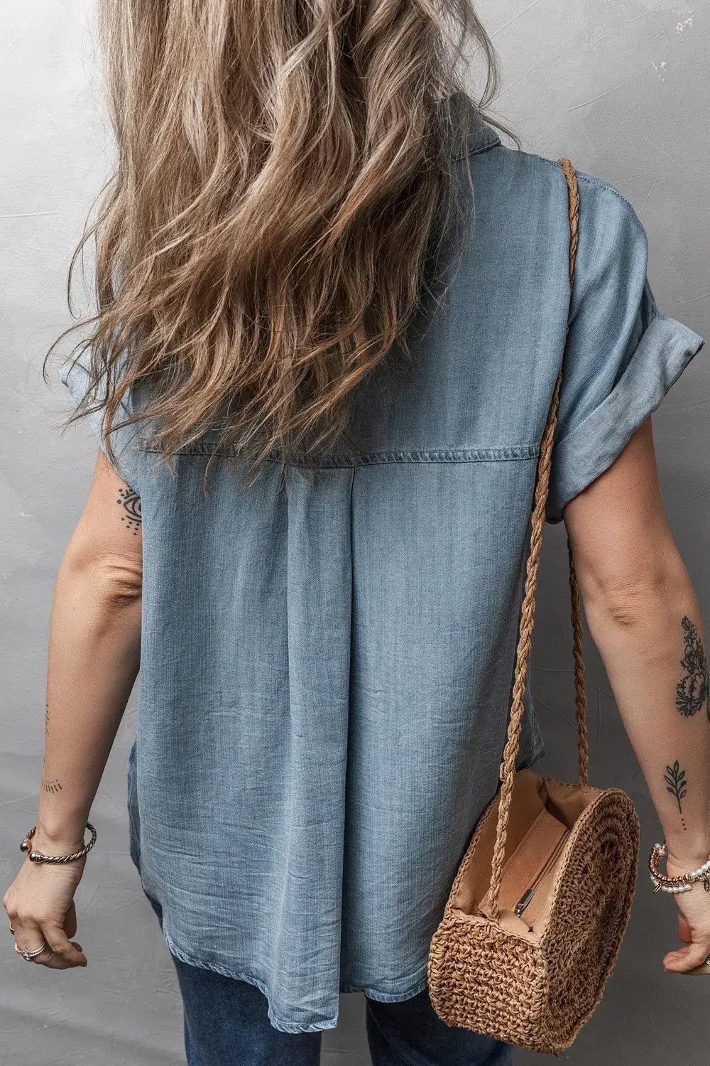 Folded Short Sleeve Patched Pocket Denim Shirt - Trendsi - Flyclothing LLC