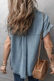Folded Short Sleeve Patched Pocket Denim Shirt - Trendsi
