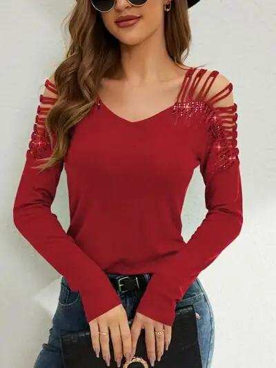 Rhinestone Cutout Long Sleeve T-Shirt - Trendsi - Flyclothing LLC