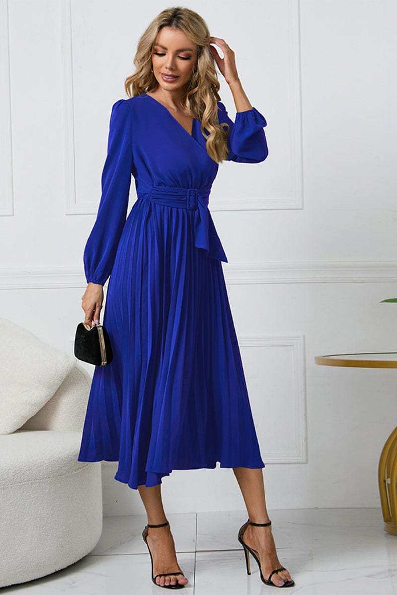 V-Neck Long Sleeve Tie Waist Midi Dress - Trendsi - Flyclothing LLC