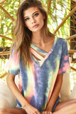 BiBi Tie Dye Terry V Neck Top With Double Strap - Trendsi - Flyclothing LLC