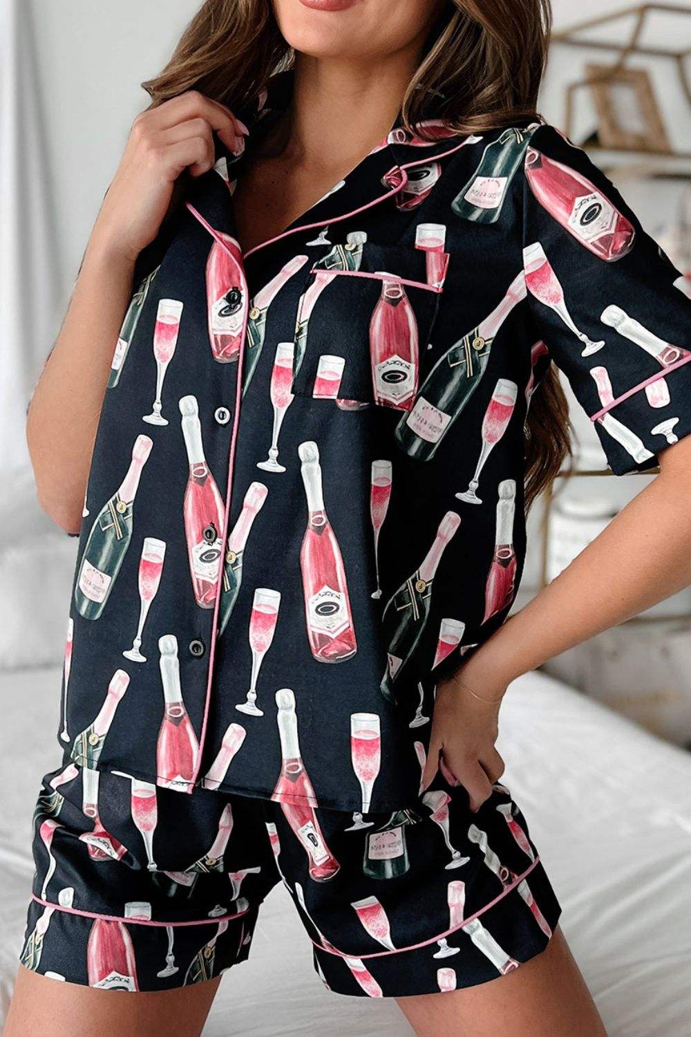 Champagne Print Short Sleeve Top and Shorts Set - Trendsi - Flyclothing LLC