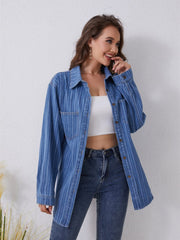 Pocketed Striped Button Up Denim Shirt - Trendsi