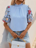 Embroidered Mock Neck Puff Sleeve Blouse - Trendsi