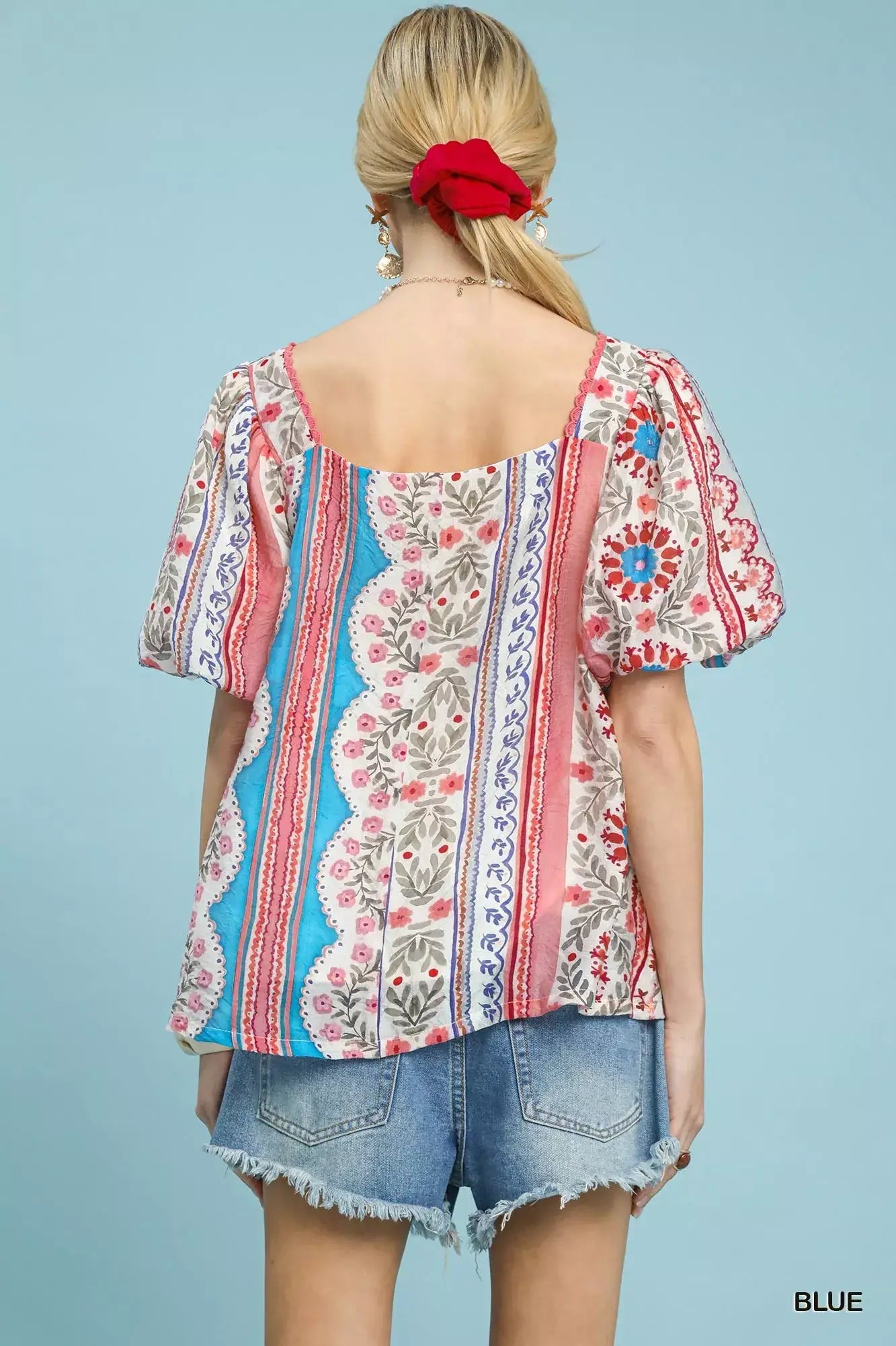 Umgee Patchwork Puff Sleeve Smocked Blouse - Trendsi - Flyclothing LLC