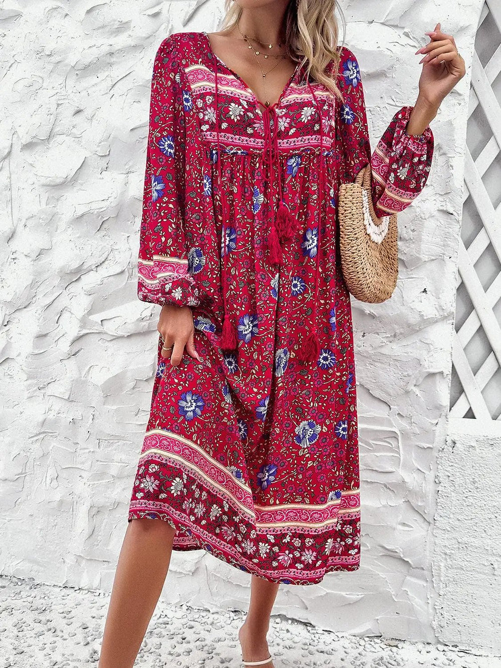 Tassel Tied Printed Long Sleeve Dress - Trendsi