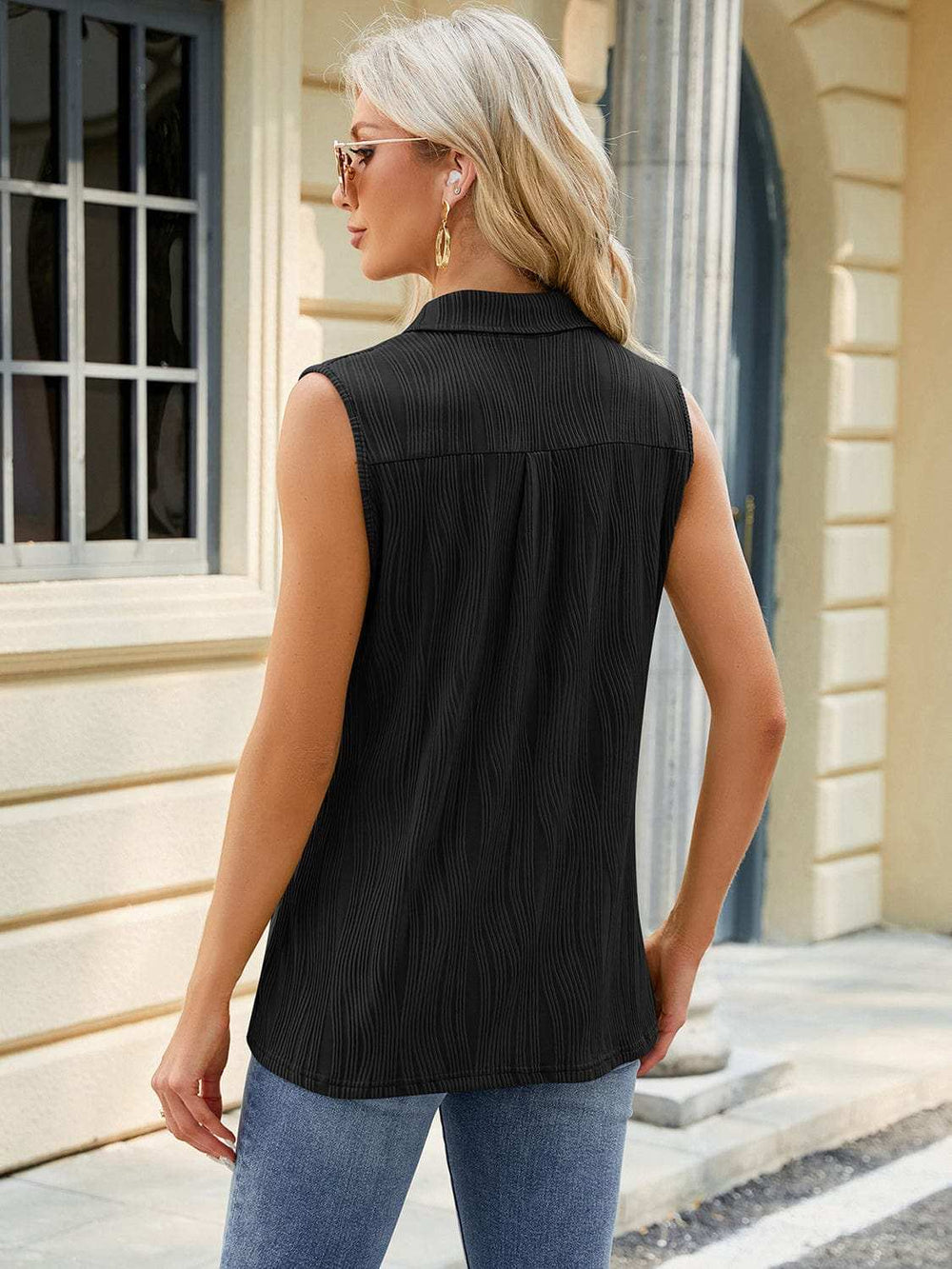 Textured Johnny Collar Tank - Trendsi - Flyclothing LLC