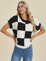 Double Take Full Size Checkered Round Neck Short Sleeve Sweater - Trendsi - Flyclothing LLC