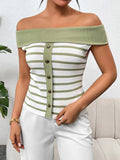 Decorative Button Striped Off-Shoulder Knit Top - Trendsi