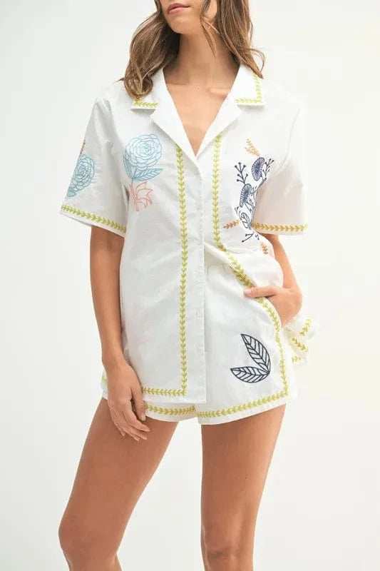 MABLE Embroidered Button Down Shirt and Shorts Set - Trendsi - Flyclothing LLC