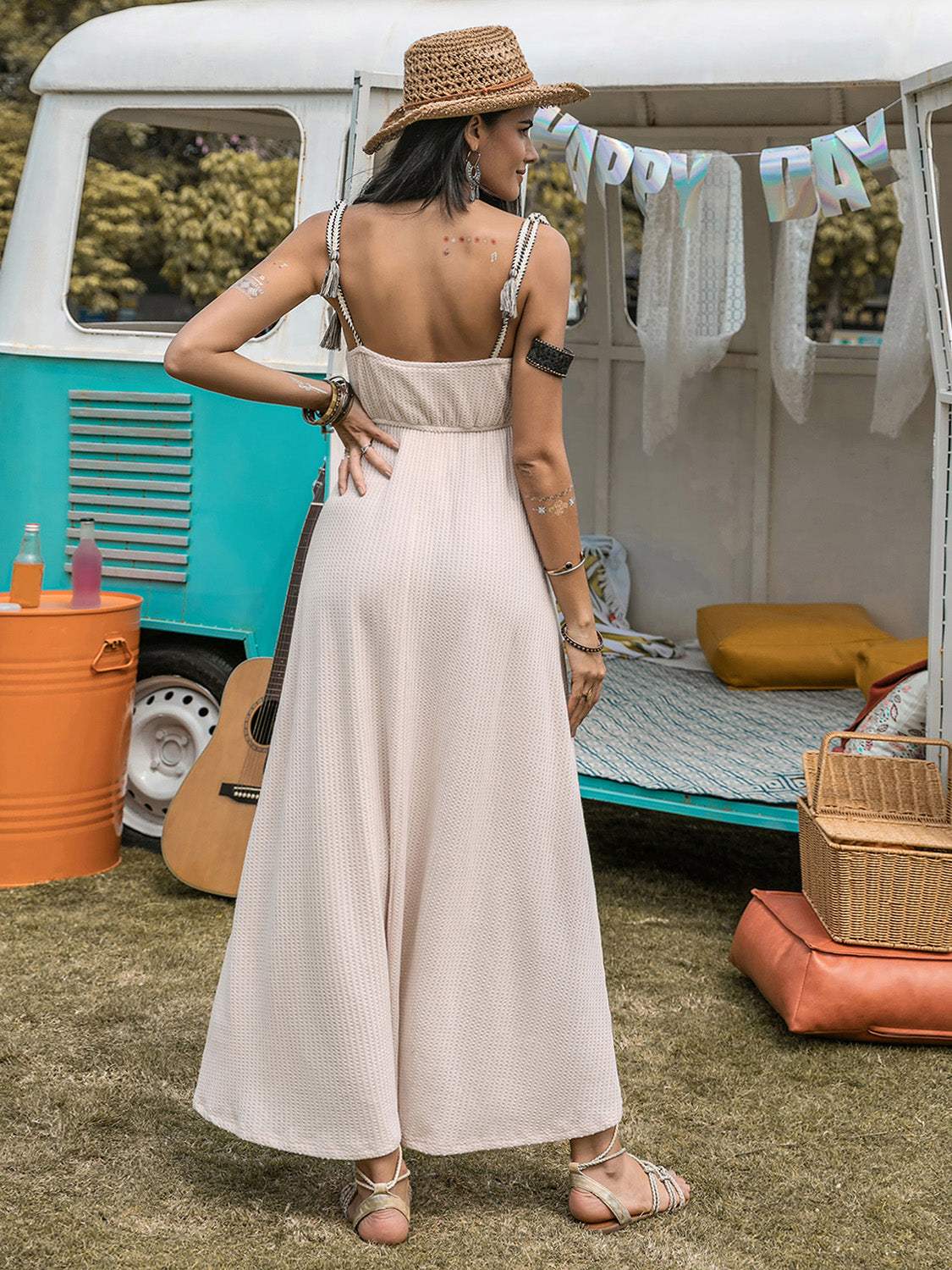 Waffle-Knit Tied Spaghetti Strap Dress - Trendsi - Flyclothing LLC