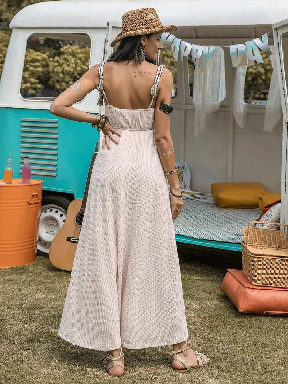 Waffle-Knit Tied Spaghetti Strap Dress - Trendsi - Flyclothing LLC