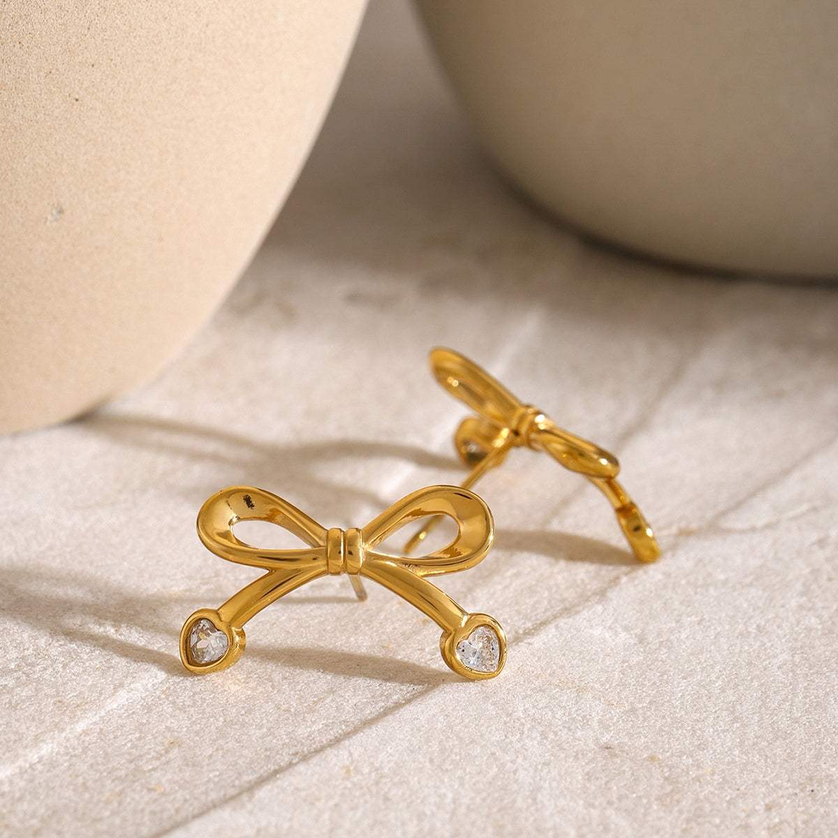 Stainless Steel Inlaid Zircon Bow Earrings - Trendsi - Flyclothing LLC