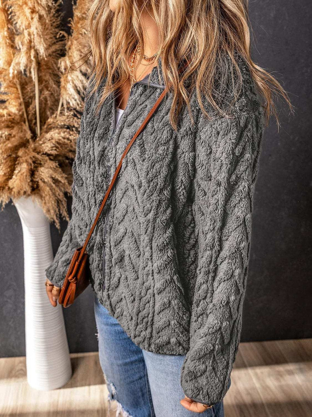 Fuzzy Zip Up Long Sleeve Jacket - Trendsi - Flyclothing LLC