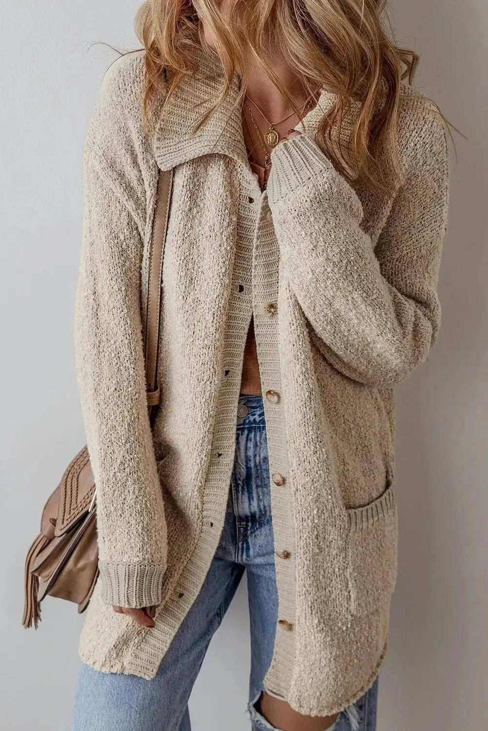 Pocketed Button Up Long Sleeve Cardigan - Trendsi - Flyclothing LLC