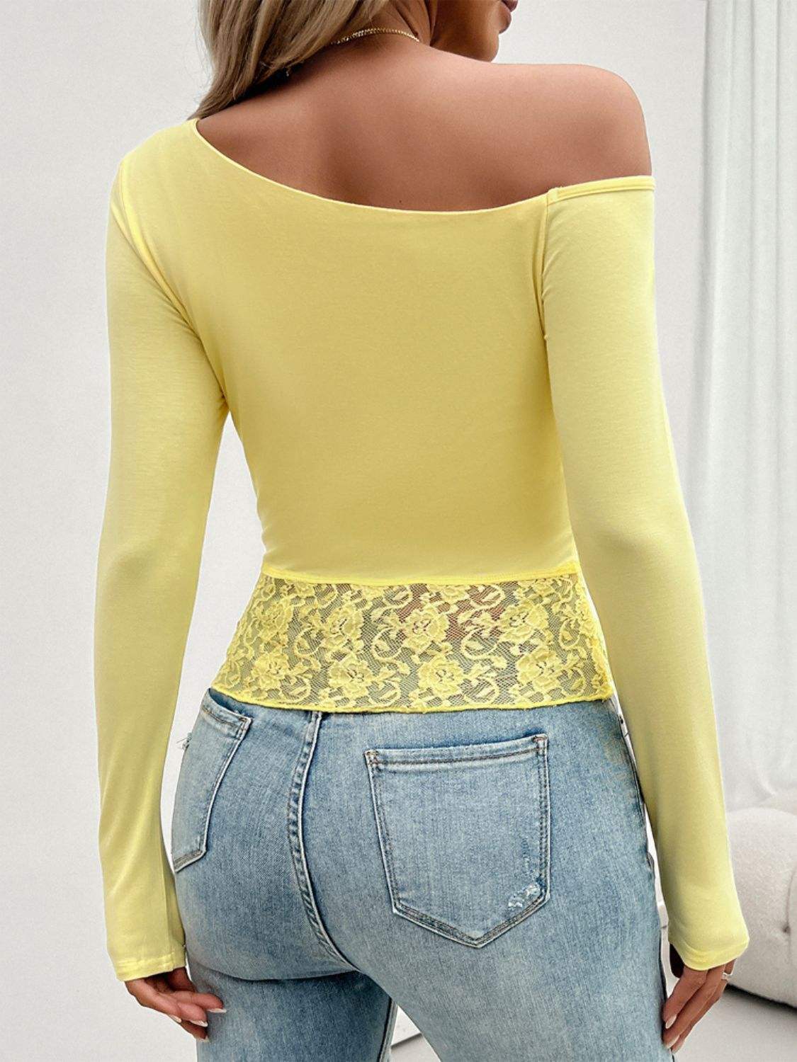 Single Shoulder Long Sleeve Lace T-Shirt - Trendsi - Flyclothing LLC
