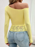 Single Shoulder Long Sleeve Lace T-Shirt - Trendsi - Flyclothing LLC