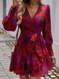 Devine Ruffled Printed Surplice Long Sleeve Mini Dress - Trendsi