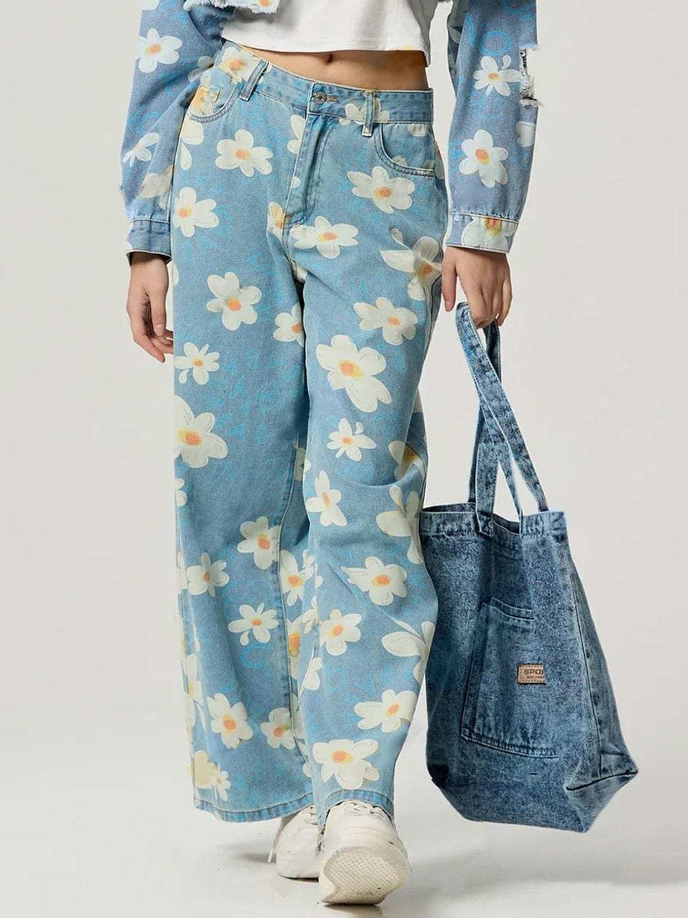 Pocketed Floral Wide Leg Jeans - Trendsi - Flyclothing LLC