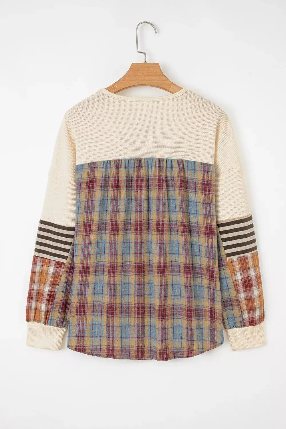 Waffle Knit Plaid Patchwork Long Sleeve Blouse - Trendsi - Flyclothing LLC