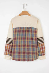 Waffle Knit Plaid Patchwork Long Sleeve Blouse - Trendsi - Flyclothing LLC
