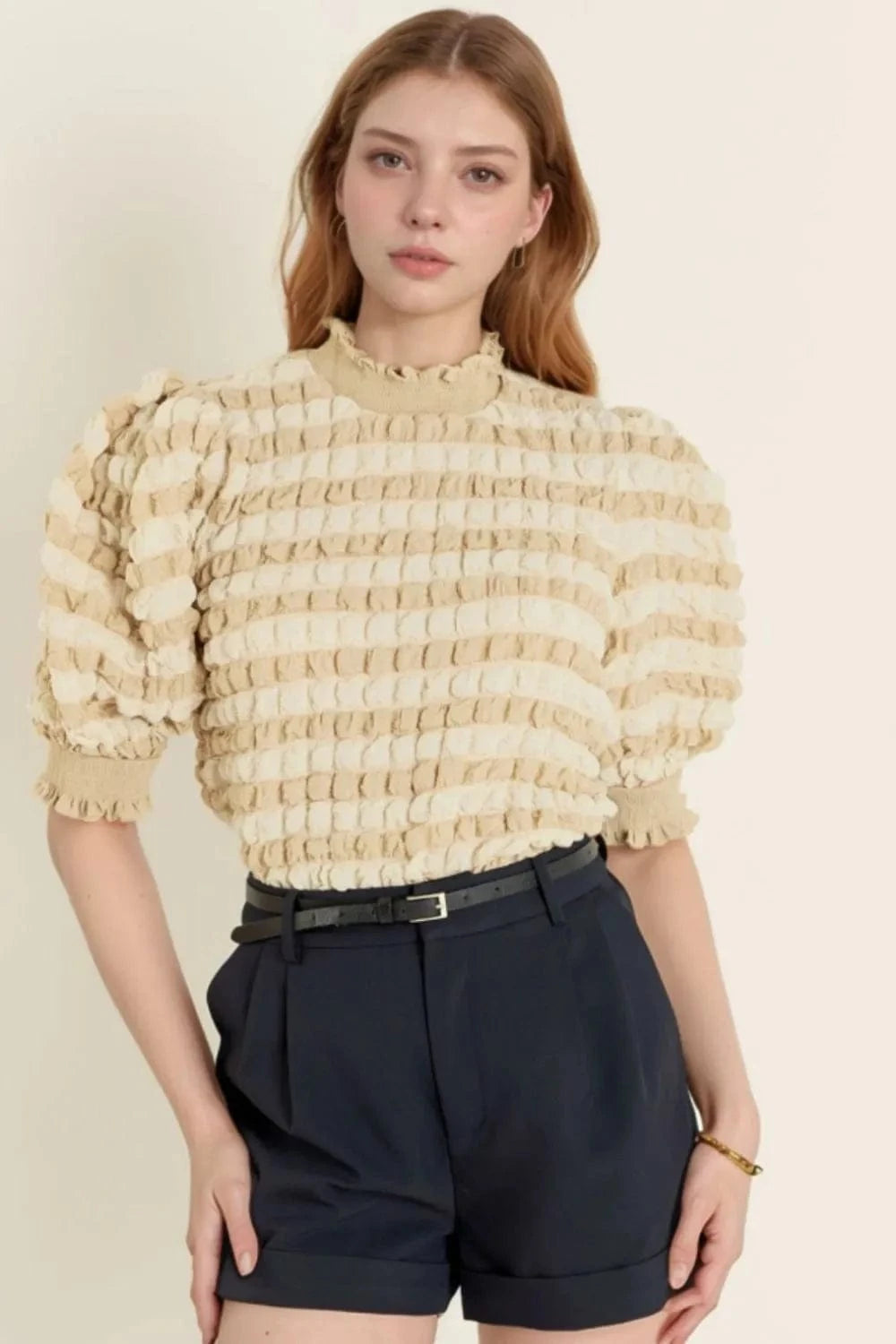 Textured Mock Neck Short Sleeve Blouse - Trendsi