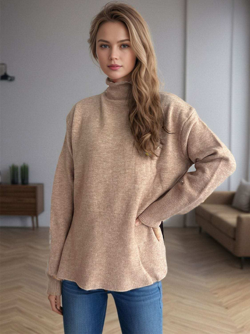 Side Slit Turtleneck Long Sleeve Sweater - Trendsi - Flyclothing LLC