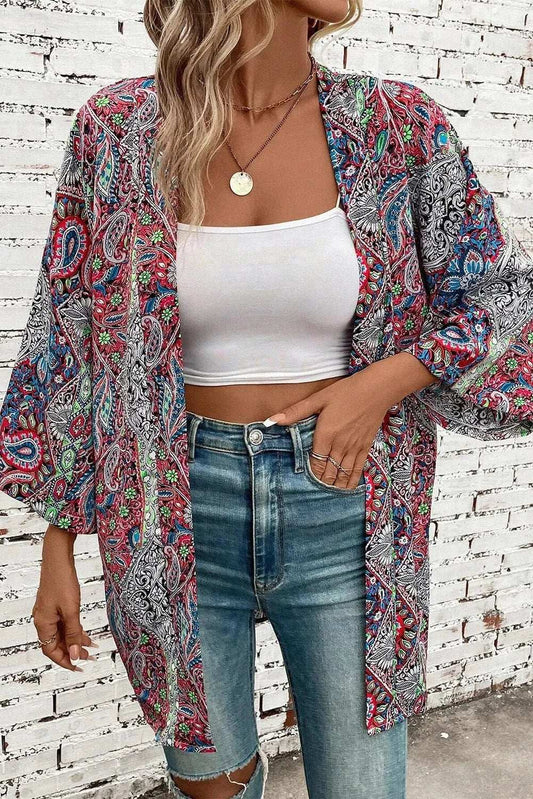Printed Open Front Long Sleeve Cover Up - Trendsi - Flyclothing LLC