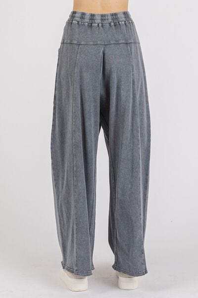 Mittoshop Mineral Wash Elastic Waist Barrel Leg Baggy Pants - Trendsi - Flyclothing LLC
