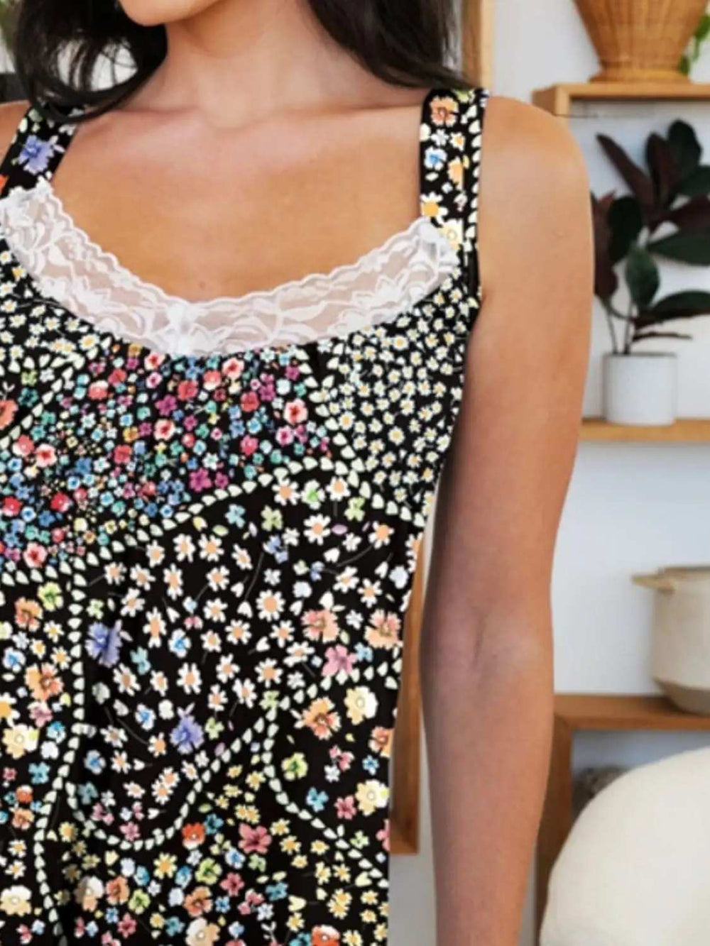 Lace Detail Printed Wide Strap Mini Dress - Trendsi - Flyclothing LLC