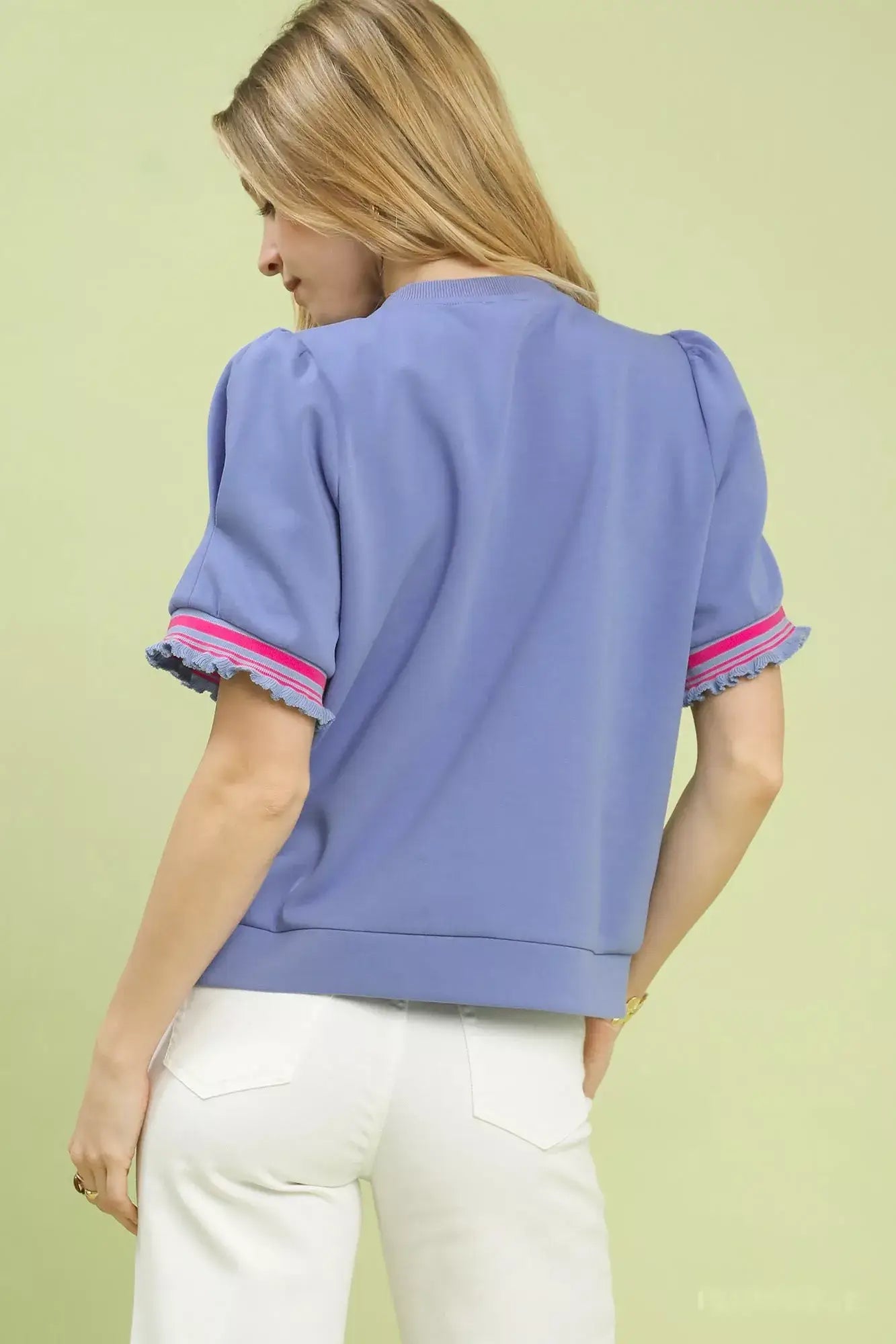 Umgee Puff Sleeve Button Front Top with Contrast Trim - Trendsi - Flyclothing LLC