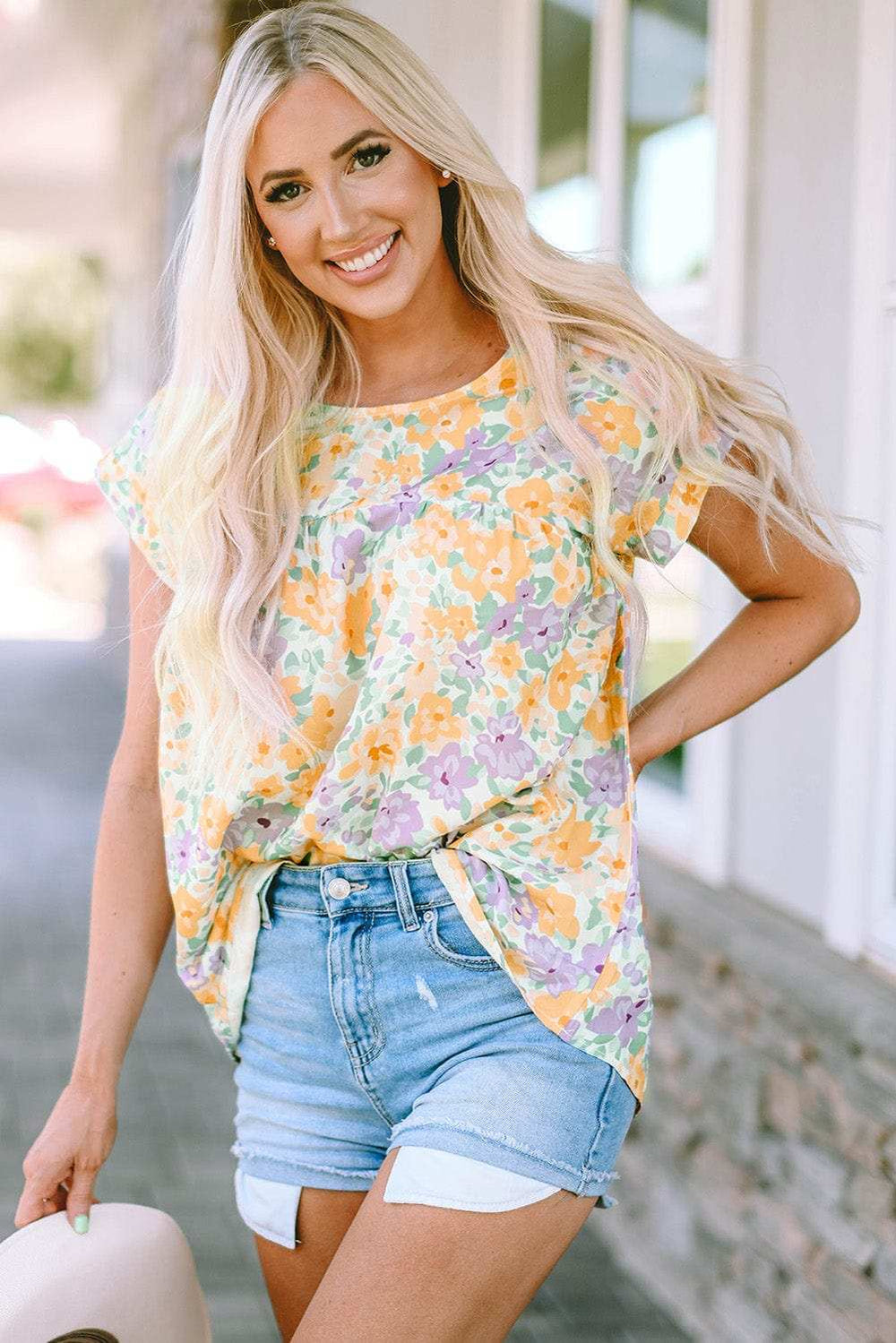 Printed Round Neck Cap Sleeve Blouse - Trendsi - Flyclothing LLC