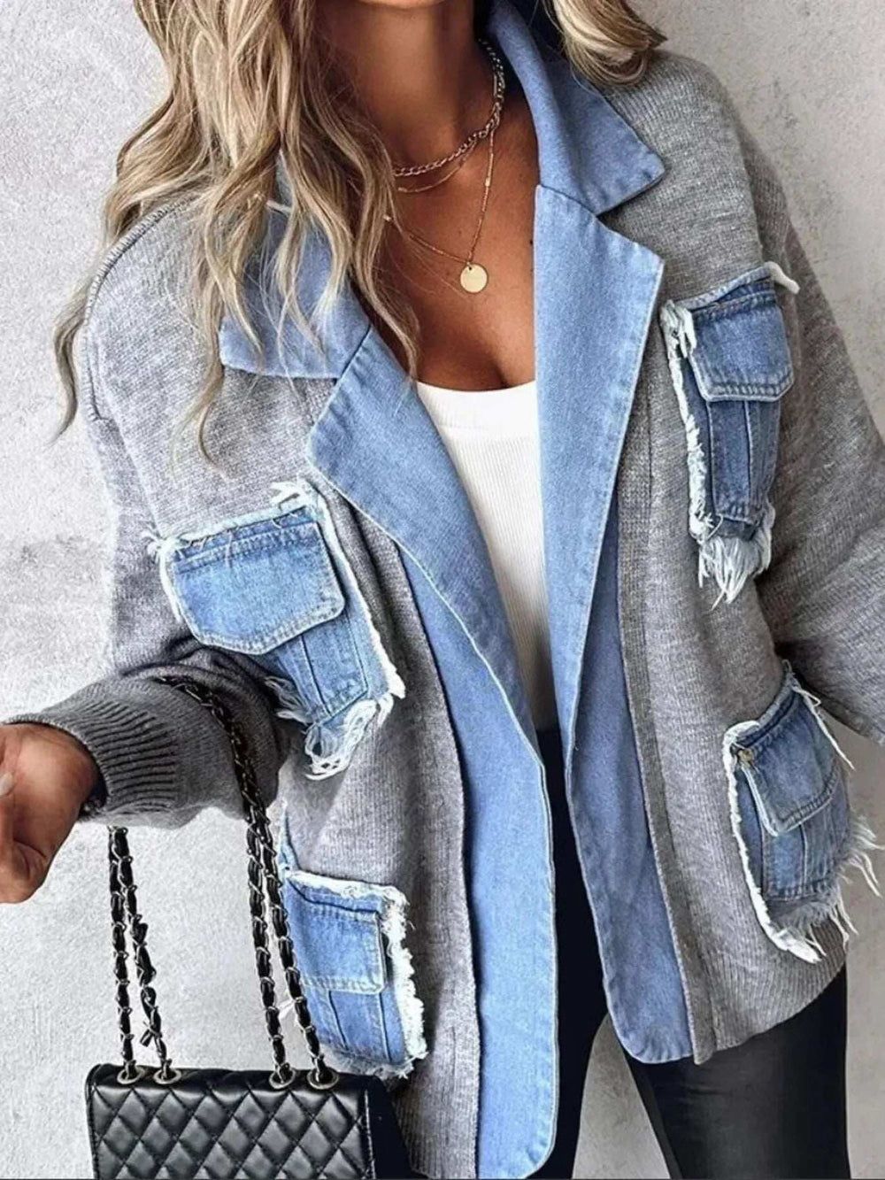 Raw Hem Denim Pocket Patchwork Cardigan - Trendsi - Flyclothing LLC